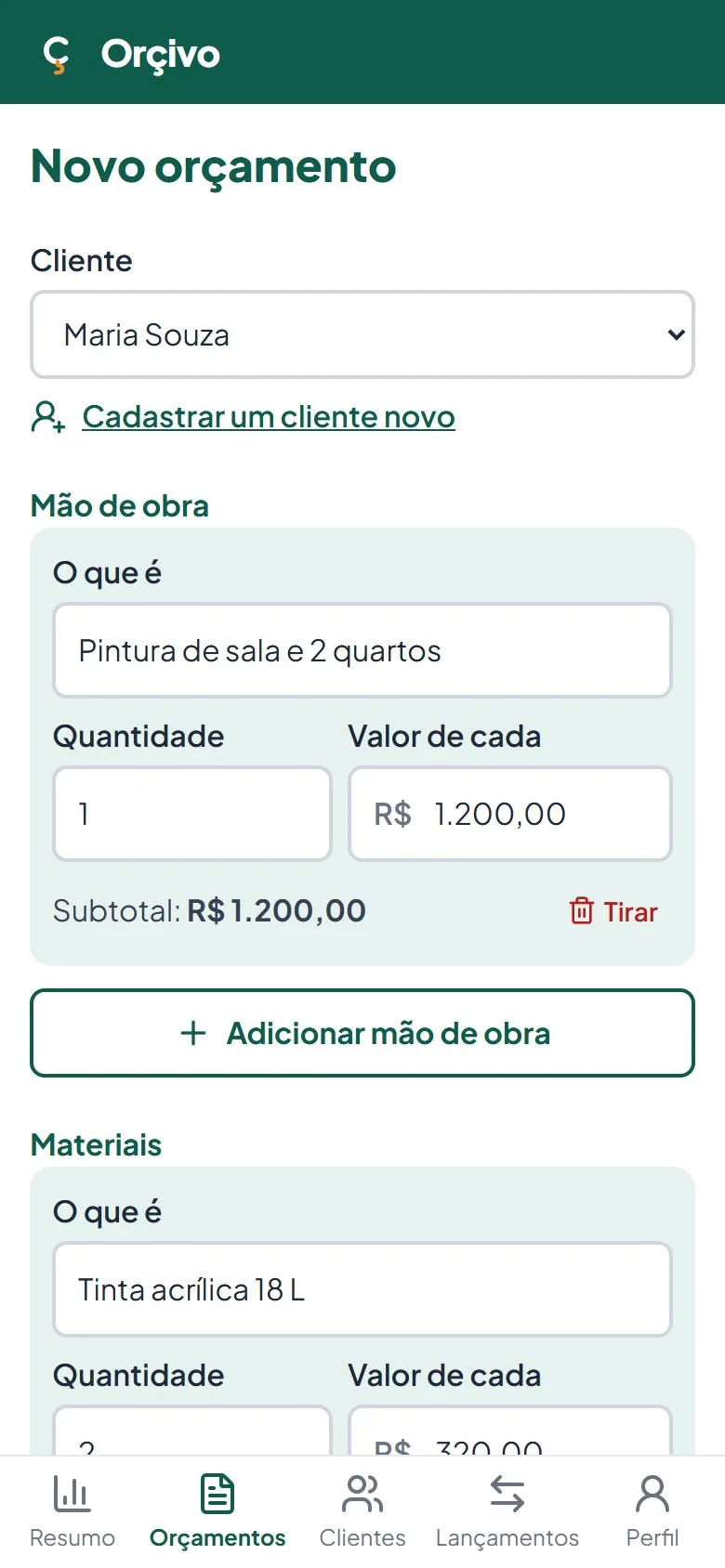 Tela de novo orçamento no celular: cliente escolhido, um item de mão de obra de R$ 1.200,00 e um material de tinta acrílica.