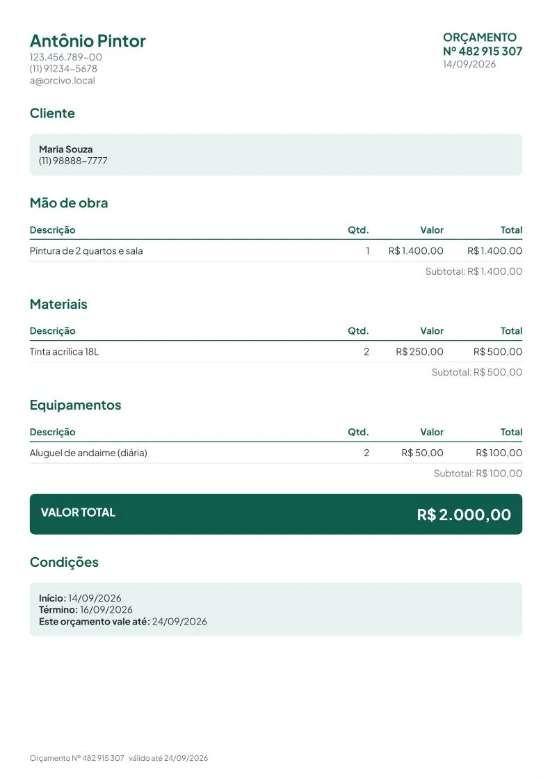 Começo do PDF gerado pelo Orçivo: nome e contato do prestador, número do orçamento, dados do cliente e a tabela de mão de obra.